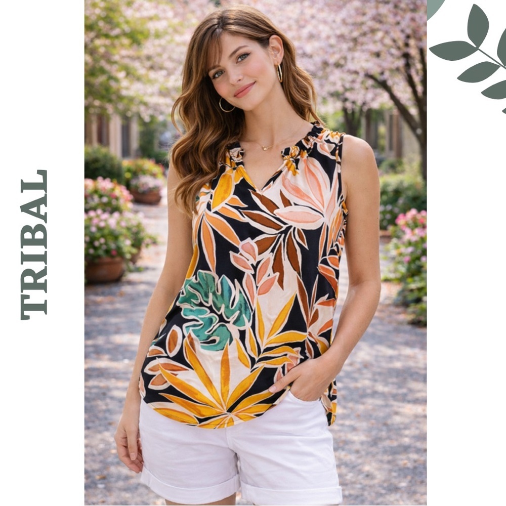 Tribal Tropical Sleeveless Blouse XS Floral Top